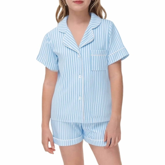 Elegyee Girls Pajama Sets Short Sleeve Button Down Shirt Shorts Sleepwear, Size 8-9