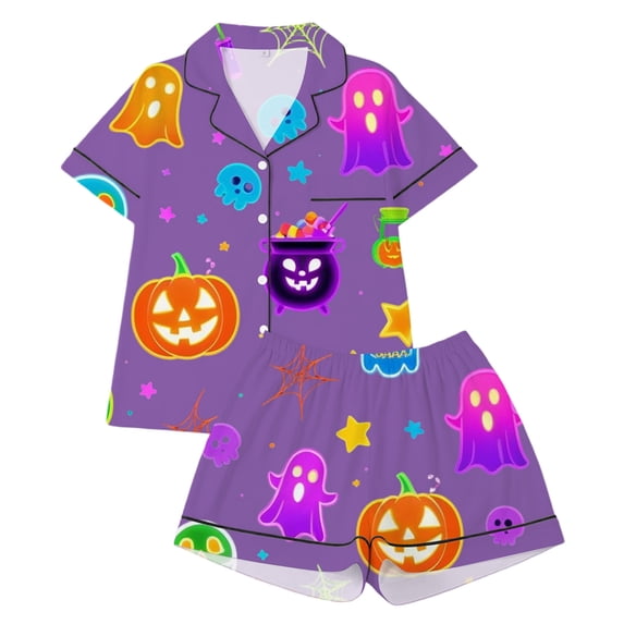 Elegyee Girls Pajamas Halloween Sleepwear Graphic Short Sleeve Outfits, Purple, Size 1-2