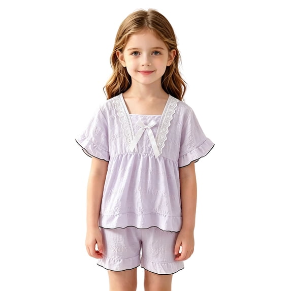 Elegyee Girls Pajamas Ruffle Lace Short Sleeve Top Shorts Sleepwear, Purple, Size 2-3