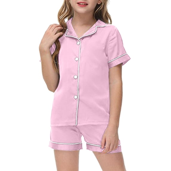 Elegyee Girls Pajamas Set Short Sleeves Button Down Shirt Shorts Sleepwear Pjs, Pink, Size 10-11