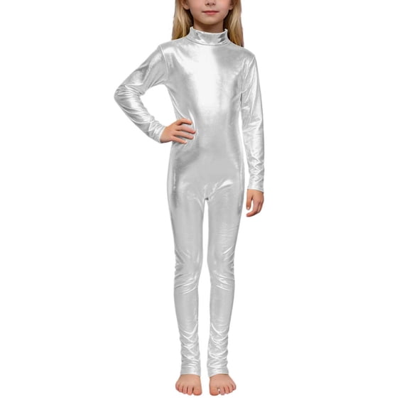 Elegyee Girls Shiny Metallic High Neck Long Sleeve Romper Dance Stage Performance Jumpsuit