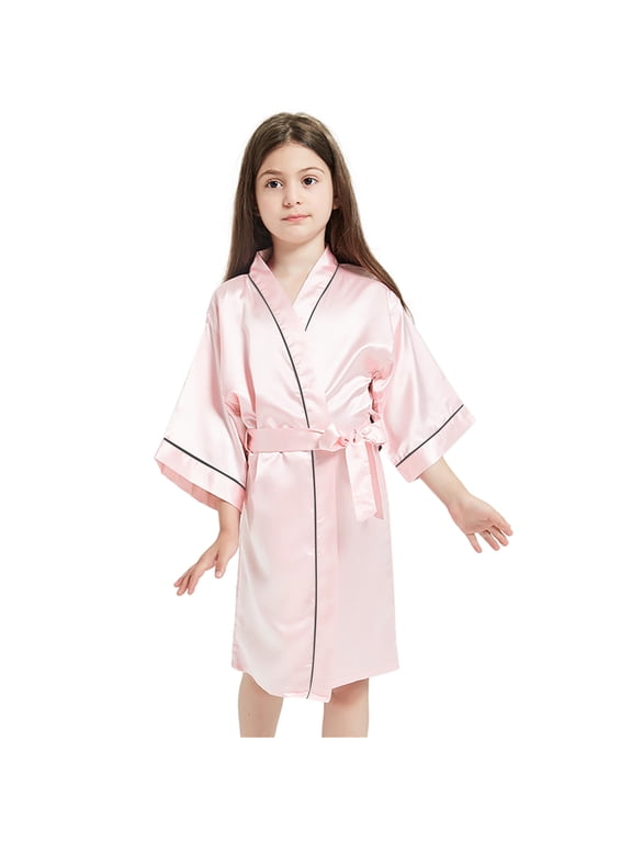 Girls Silk Kimono Robe Sleepwear Bathrobe with Waist Tie Loungewear(3-12 Years)
