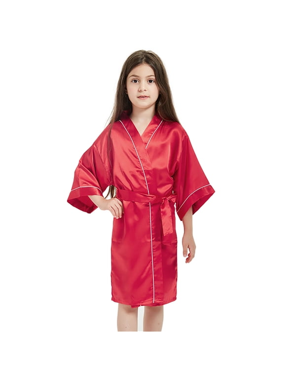 Girls Silk Kimono Robe Sleepwear Bathrobe with Waist Tie Loungewear(3-12 Years)