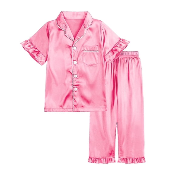 Elegyee Girls Silk Pajamas Ruffle Short Sleeved Top Pants Sleepwear, Pink, Size 7-8
