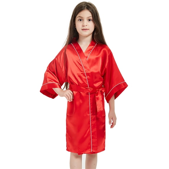 Elegyee Girls Silk Satin Kimono Robe Pajama Bathrobe Kids Sleepwear, Red, Size 9-10