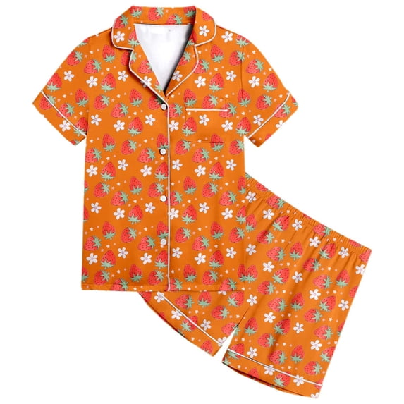 Elegyee Girls Strawberry Pattern Pajamas Short Sleeve Sleepwear Set, Orange, Size 12-13