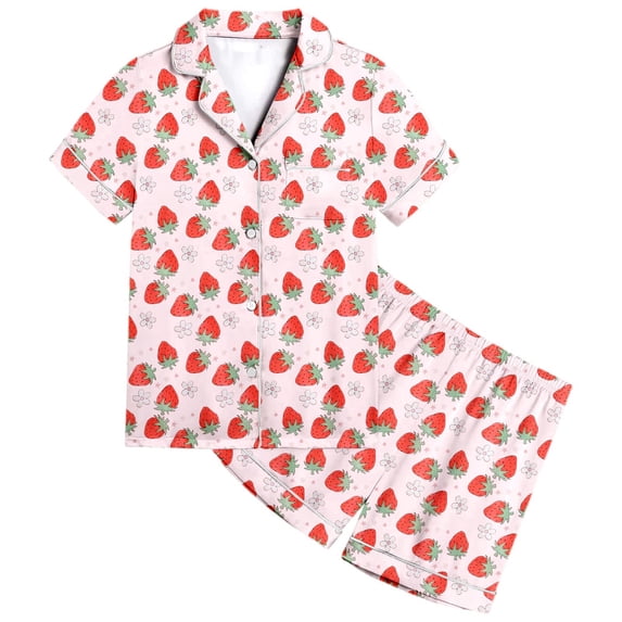 Elegyee Girls Strawberry Pattern Pajamas Short Sleeve Sleepwear Set, Size 12-13