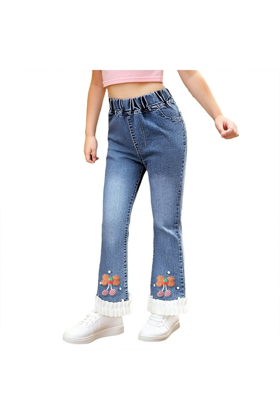 Girls Stylish Flared Jeans Casual Ruffle High Rise Elastic Waist Denim Pants, Sizes 2-12