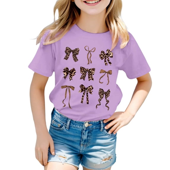 Elegyee Girls Summer Cute T Shirt Casual Lepoard Bow Print Crew Neck Short Sleeve Tee, Sizes 3-13