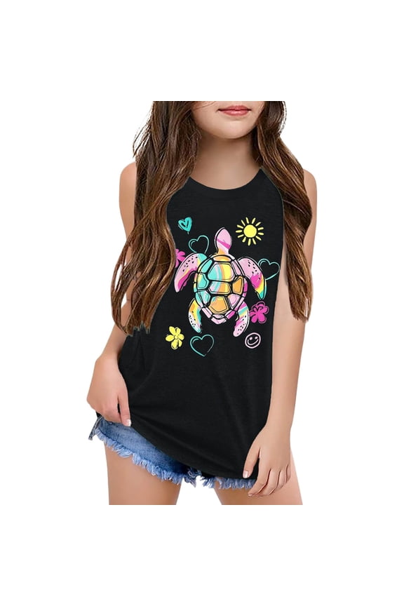 Girls Summer Stylish T Shirt Casual Sea Turtle Print Short Sleeve Tee, Sizes 3-14