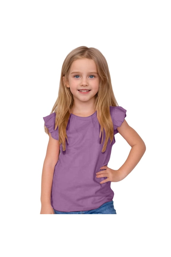 Girls Summer Sweet T Shirt Casual Solid Colro Ruffle Sleeveless Tee, Sizes 12M-8Y