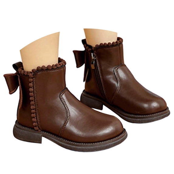 Elegyee Girls formal Leather Ankle Boots Party Side Zipper Princess Boots with Bowknot