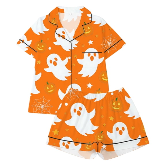Elegyee Halloween Girls Pajama Set Ghost Print Short Sleeved Sleepwear, Orange, Size 5-6