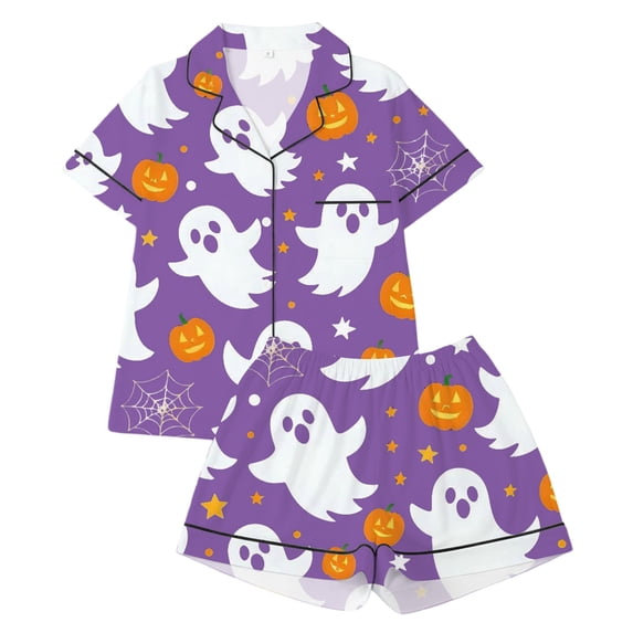 Elegyee Halloween Girls Pajama Set Ghost Print Short Sleeved Sleepwear, Purple, Size 1-2