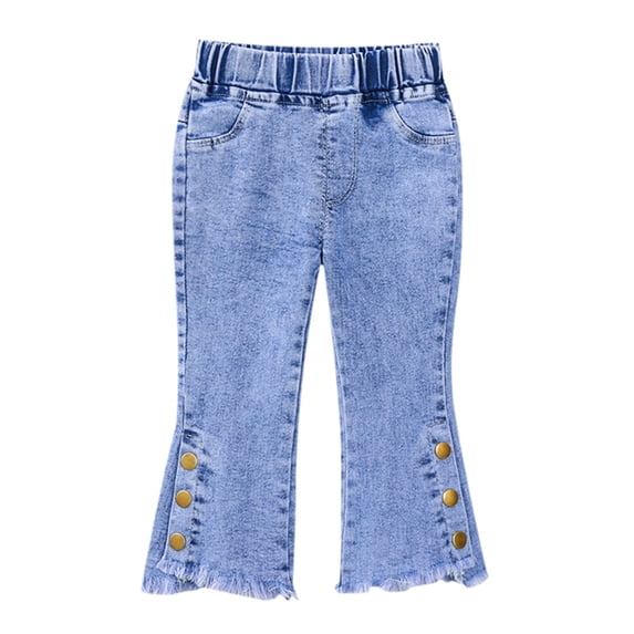 Elegyee Girls Classic Denim Pants Casual Slight Flared Flower Embroidery Elastic Waist Jeans