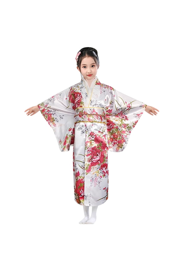 Japanese Traditional Kimono Robe for Girls Pajama Dress Robe, White, Size 5-6