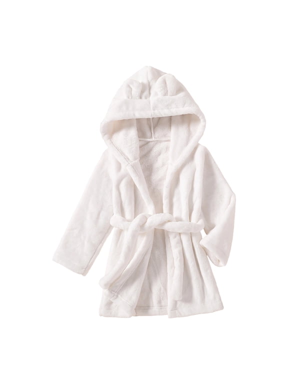 Kids Flannel Hooded Bathrobe Cute Rabbit Ear Sleepwear Robe Loungewear(1-8 Years)