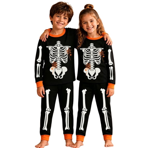 Elegyee Kids Halloween Pajamas Skeleton Print Long Sleeve Top Pants Sleepwear(2-10 Years)