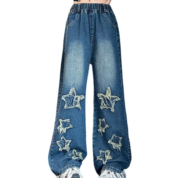 Elegyee Little Girls Fashion Demin Pants Stars Ripped High Elastic Waist Wide Leg Jeans