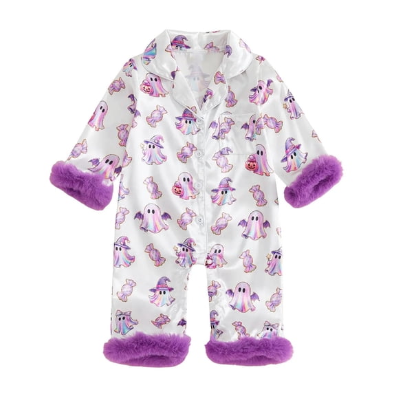 Elegyee Newborn Girls Halloween Satin Pajamas Cartoon Ghost Bow Long Sleeve Sleepwear Set