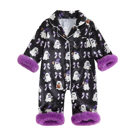 Elegyee Newborn Girls Halloween Satin Pajamas Cartoon Ghost Bow Long Sleeve Sleepwear Set