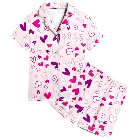 Elegyee Pajamas for Girls Hearts Print Button Down Shirt Shorts Pj's, Size 8-9