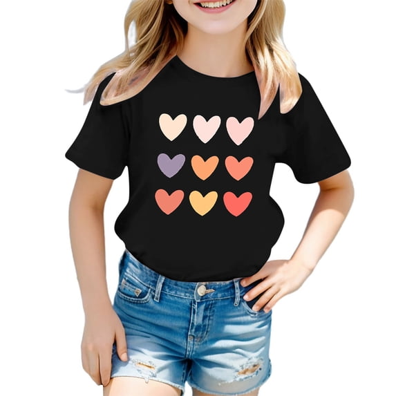 Elegyee Summer Trendy T-Shirt Hearts Print Short Sleeve Soft Breathable Top, Sizes 3-12Y