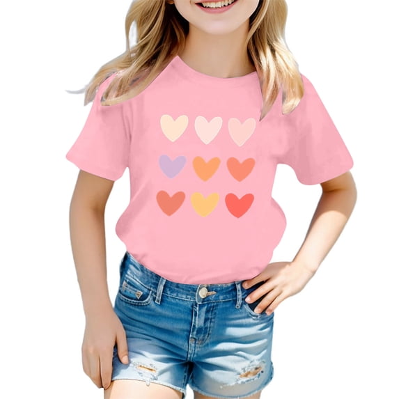 Elegyee Summer Trendy T-Shirt Hearts Print Short Sleeve Soft Breathable Top, Sizes 3-12Y