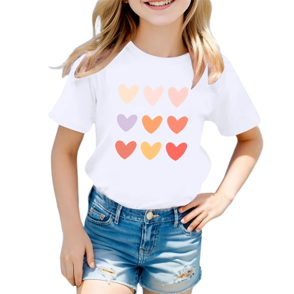 Elegyee Summer Trendy T-Shirt Hearts Print Short Sleeve Soft Breathable Top, Sizes 3-12Y