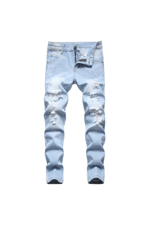 Boys Fit Jeans Ripped Distressed Button Zipper Fly Denim Pants