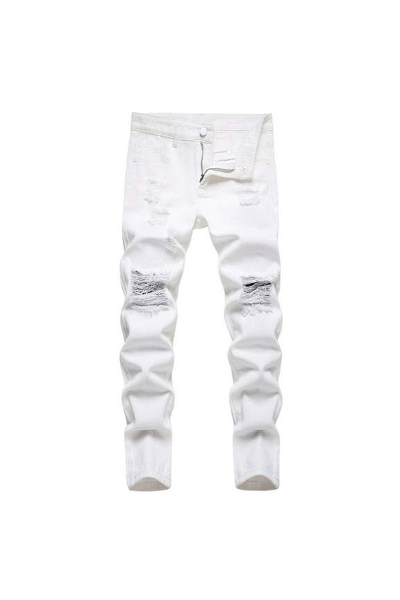 Toddler Boys Stylish Pants White Ripped Hole High Rise Button Zipper Fly Trousers