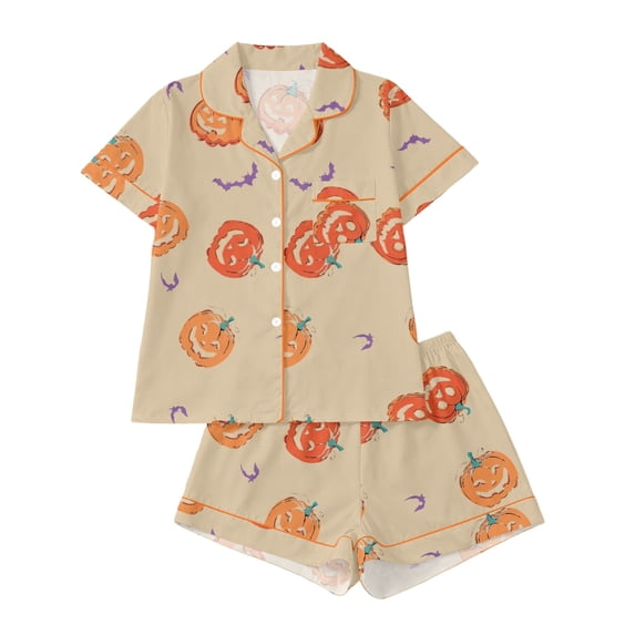 Elegyee Toddler Girl's Halloween Pajama Set Pumpkin Print Short Sleeves Top Shorts Kids Loungewear, Khaki, Size 3-4