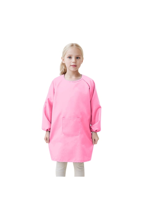 Toddler Girls Art Smock Solid Color Lace Up Pocket Painting Cover-Up with Long Sleeve