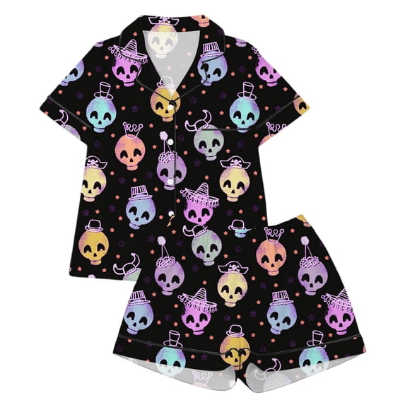Elegyee Toddler Girls' Halloween Pajamas Skeleton Print Short Sleeve Button Down Shirt Shorts Sleepwear, Black, Size 3-4