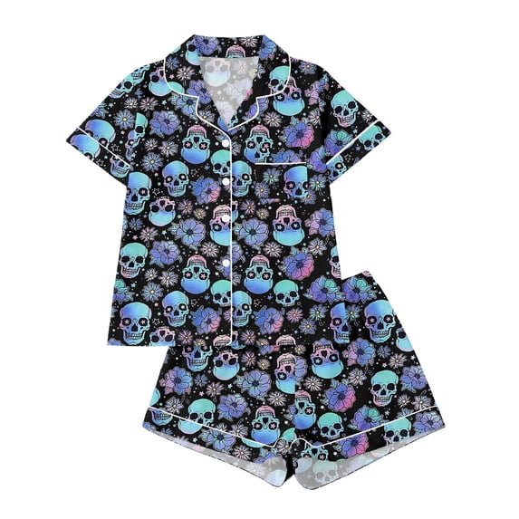 Elegyee Toddler Girls' Halloween Pajamas Sleepwear Short Sleeve Button Down Shirt Shorts, Black, Size 3-4