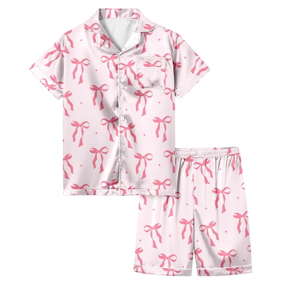 Elegyee Toddler Girls Pajama Set Bow Print Short Sleeve Shirt Shorts Sleepwear, Pink, Size 3-4