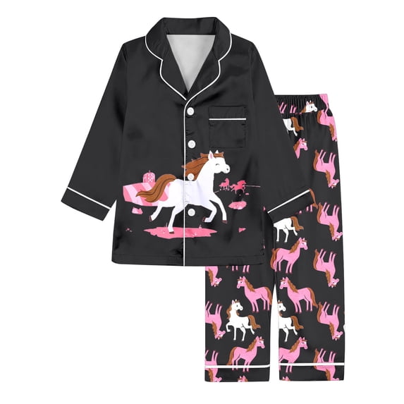 Elegyee Toddler Girls Pajamas Horse Print Long Sleeve Button Down Shirt Pants, Black, Size 3-4