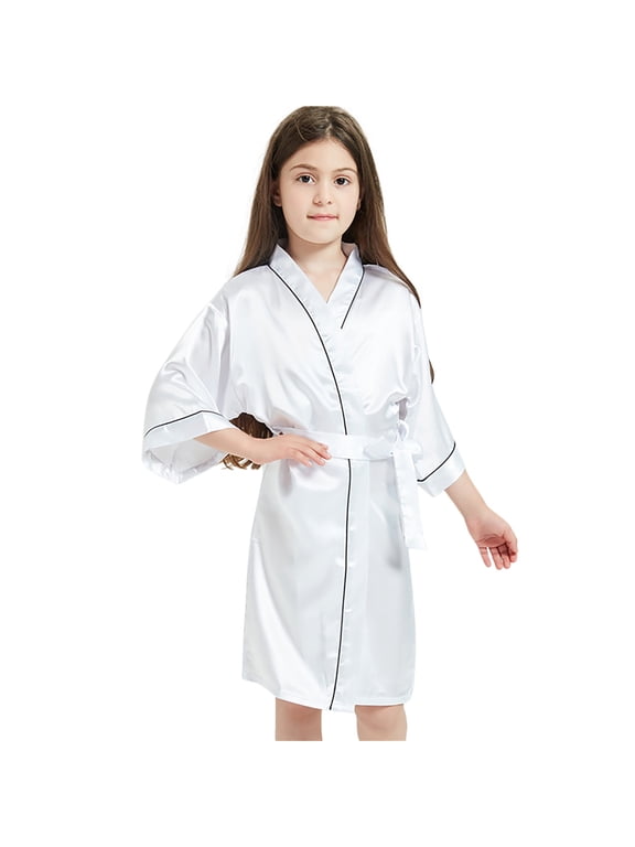 Toddler Girls Silk Satin Kimono Robe Pajama Bathrobe Kids Sleepwear, White, Size 3-4