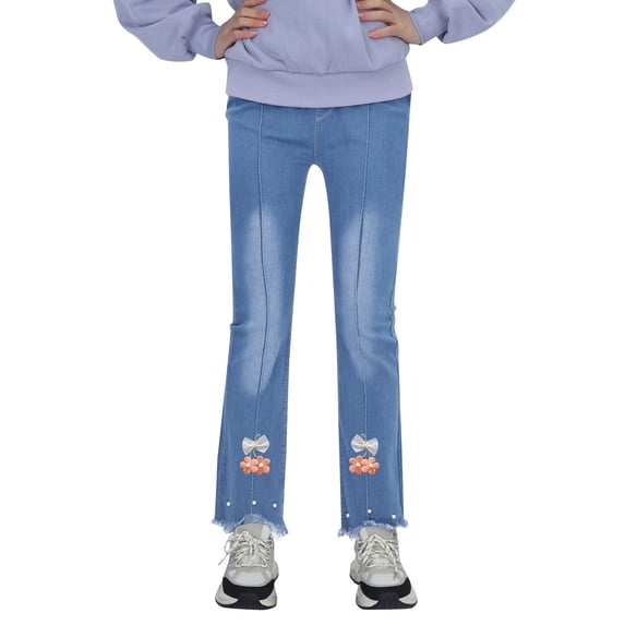 Elegyee Toddler Girls Silm Flared Jeans Casual Floral Embroidery Elastic Waist Denim Wide Leg Pants