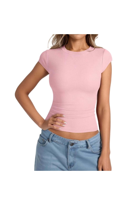 Women's Fitted Ribbed Cap Sleeve T Shirt Slim Stretch T-Shirt Solid Crew Neck Tee