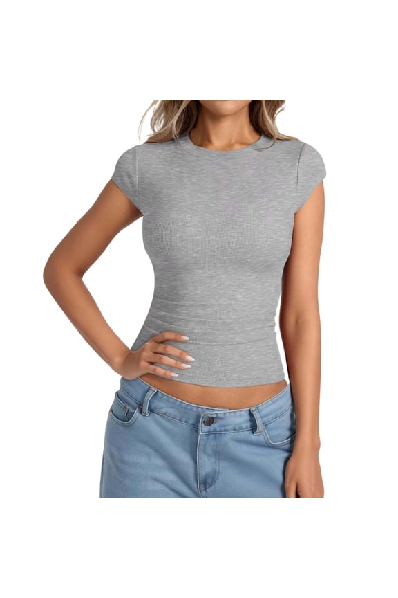 Women's Fitted Ribbed Cap Sleeve T Shirt Slim Stretch T-Shirt Solid Crew Neck Tee