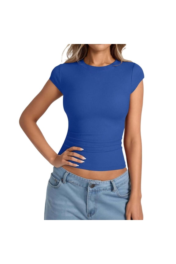 Women's Fitted Ribbed Cap Sleeve T Shirt Slim Stretch T-Shirt Solid Crew Neck Tee