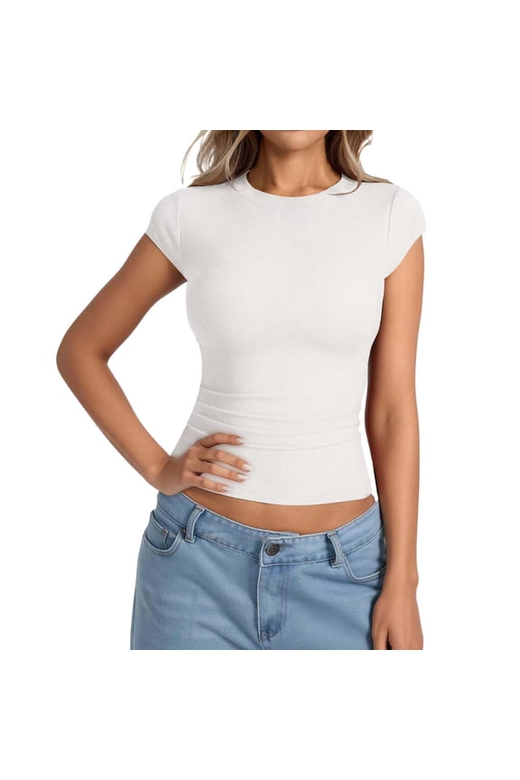 Women's Fitted Ribbed Cap Sleeve T Shirt Slim Stretch T-Shirt Solid Crew Neck Tee