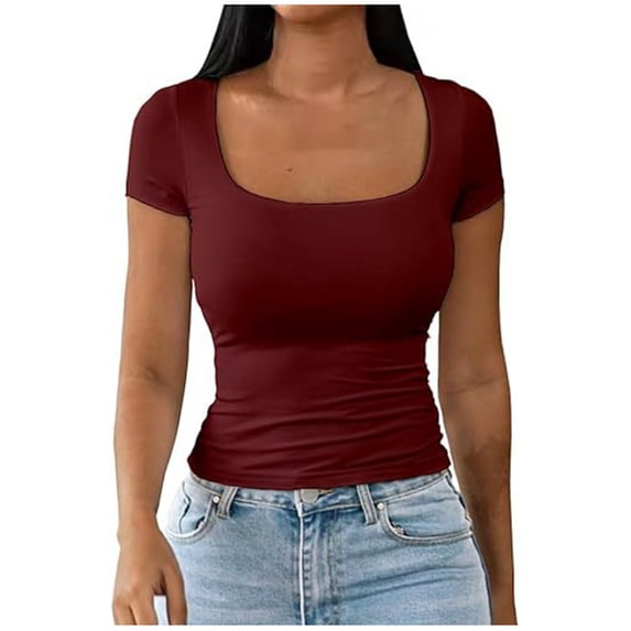 Elegyee Women's Short Sleeve Scoop Neck Fitted T Shirt Casual Solid Stretch T-Shirt Tee