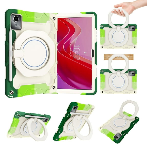 Elehold 3 Layers Multi-Functional Case for Lenovo Tab M11 2024 11 Inch ,with Heavy Duty Shock Resistant Rugged Protection Hand Holder Ring Kickstand Protective Case,Rainbowgreen