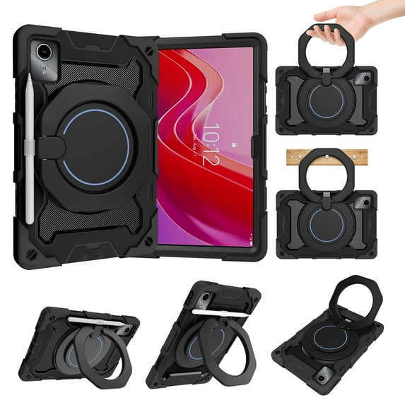 Elehold 3 Layers Multi-Functional Case for Lenovo Tab M11 2024 11 Inch ,with Heavy Duty Shock Resistant Rugged Protection Hand Holder Ring Kickstand Protective Case,Black