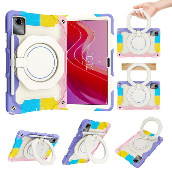 Elehold 3 Layers Multi-Functional Case for Lenovo Tab M11 2024 11 Inch ,with Heavy Duty Shock Resistant Rugged Protection Hand Holder Ring Kickstand Protective Case,Rainbowpink