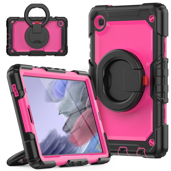 Elehold 3 Layers Multi-Functional Rugged Case for Galaxy Tab A7 Lite 8.7" SM-T220 T225 T227 8.7 Inch 2021,with Shockproof ResistantShoulder Strap Ring 360 Rotating Kickstand Case, Black+Rose