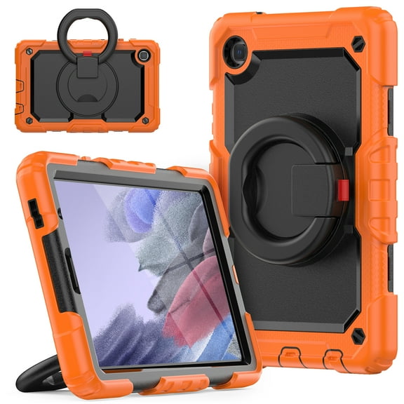 Elehold 3 Layers Multi-Functional Rugged Case for Galaxy Tab A7 Lite 8.7" SM-T220 T225 T227 8.7 Inch 2021,with Shockproof ResistantShoulder Strap Ring 360 Rotating Kickstand Case, Orange+Black