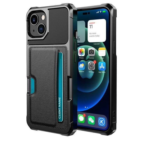 Elehold Card Slot Rugged Case for iPhone 14 6.1" Premium vegan leather inner Hard PC Plastic and soft slim TPU silicone bumper with Card Slot Support Magnetic Car Mount Armor Protective  Case, Black